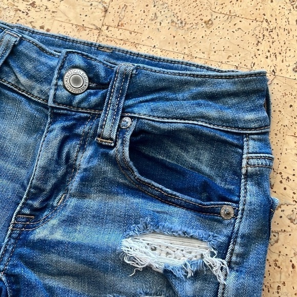 American Eagle Outfitters Next Level Stretch Blue Distressed Jean Midi Shorts - Picture 2 of 12
